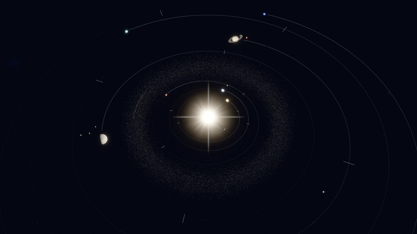 The Sun, a white star with eight-pointed rays, at the centre of thin engraved orbits. The asteroid belt circles it as a haze of dust; the planets are small discs along their orbits, Saturn’s rings visible near the top.