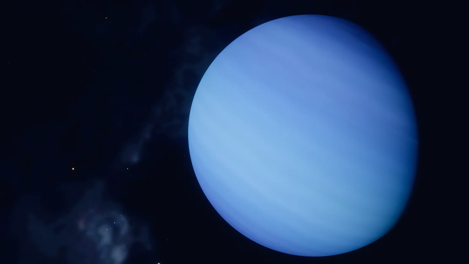 Neptune, a deep blue globe with faint lighter bands and a few white clouds near its lower edge, against the Milky Way’s haze.