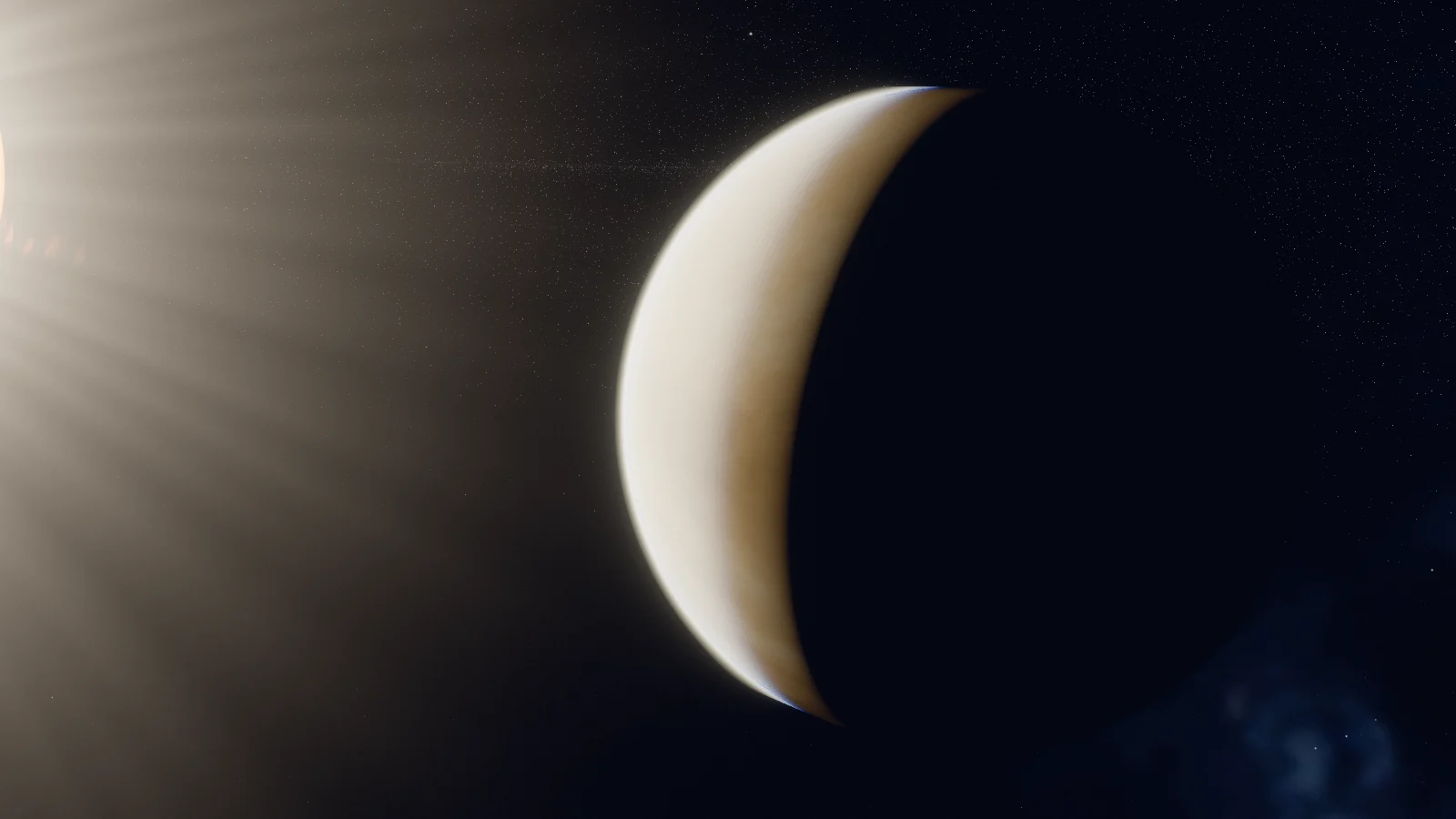 Venus as a crescent against black space, lit from the left, where the Sun’s glare spreads long rays across the frame.