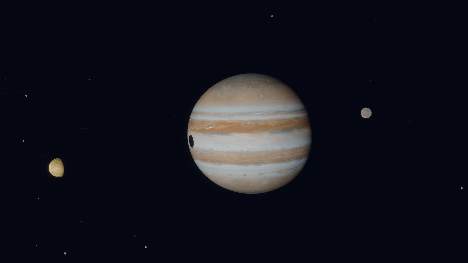 Jupiter’s cream and tan cloud bands, with the round black shadow of a moon on its left edge. A small yellow moon sits to the left of the planet.
