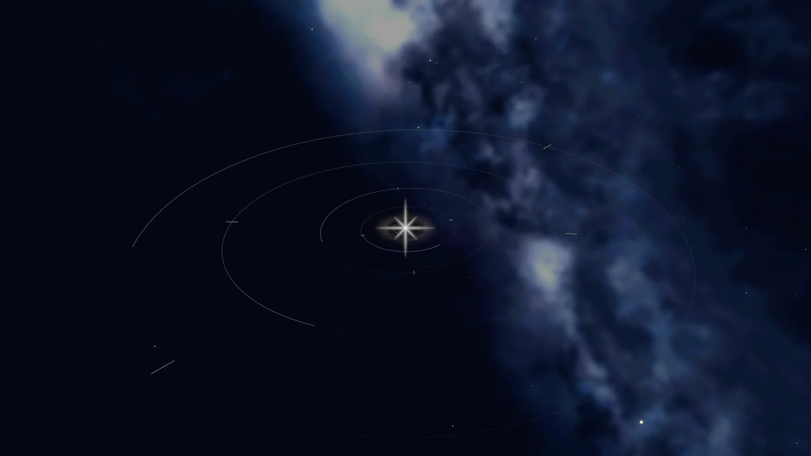 From far outside, the Sun is a small eight-pointed star inside the thin circles of the planets’ orbits, beside the cloudy band of the Milky Way.